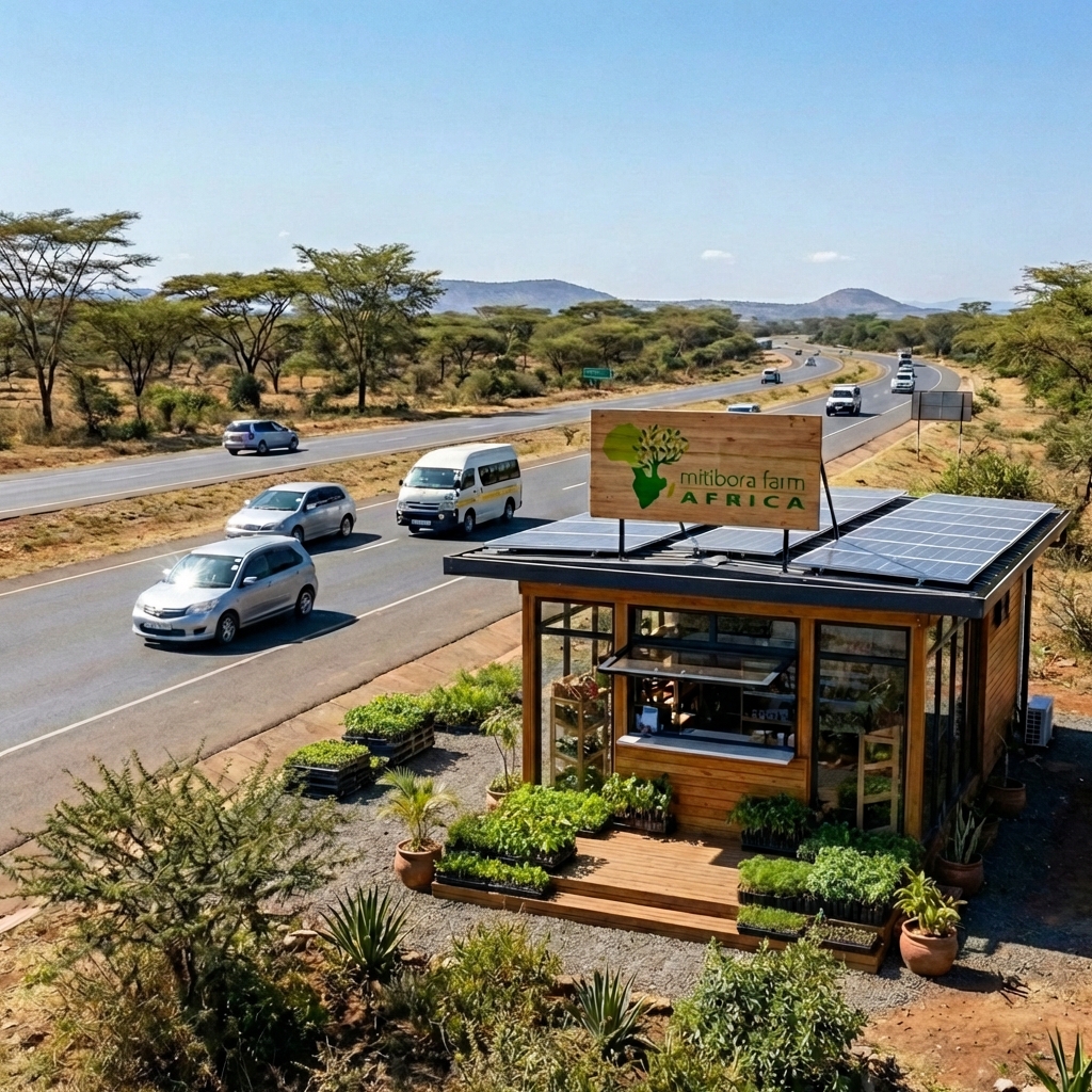 Highway Kiosk with Miti Bora Farm Branding and abundant seedlings