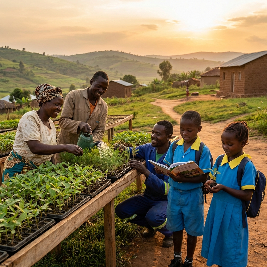 Family tending to seedlings with children in school uniforms