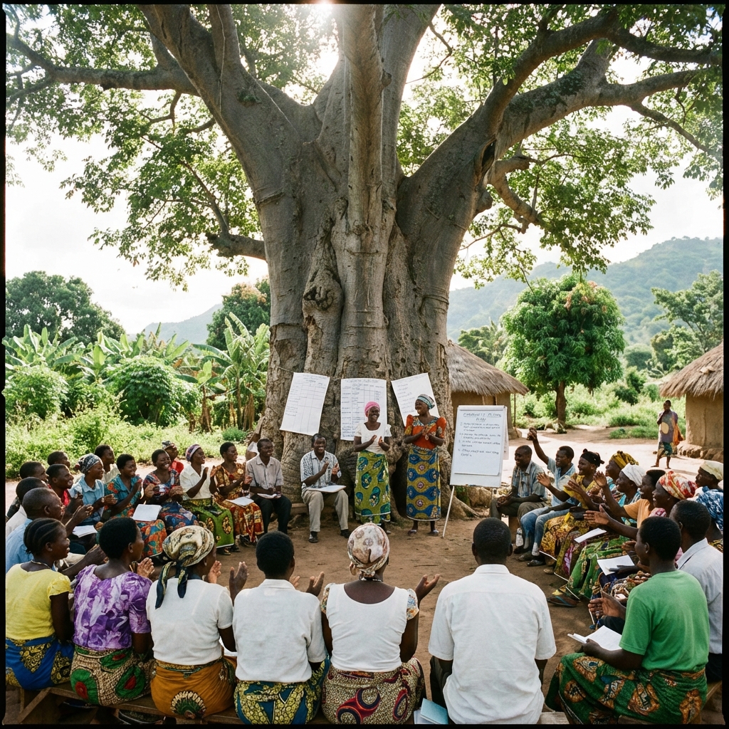 Community gathered under a tree for a workshop