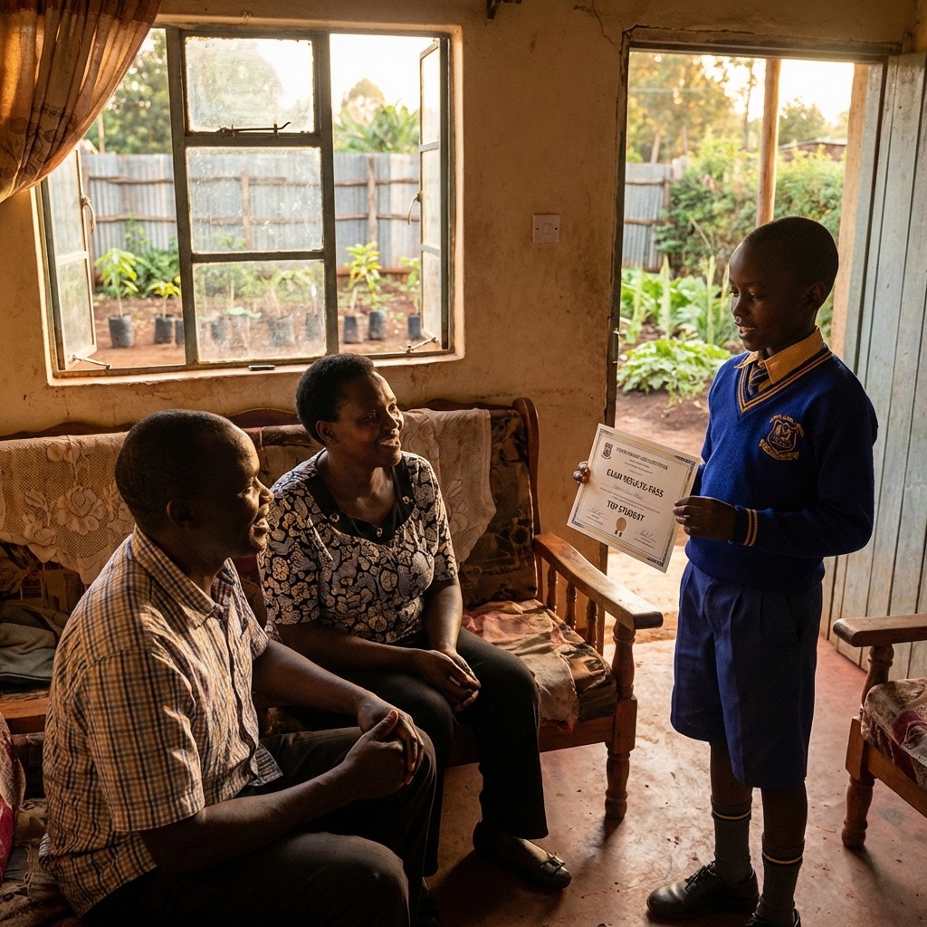 Student showing report card to parents